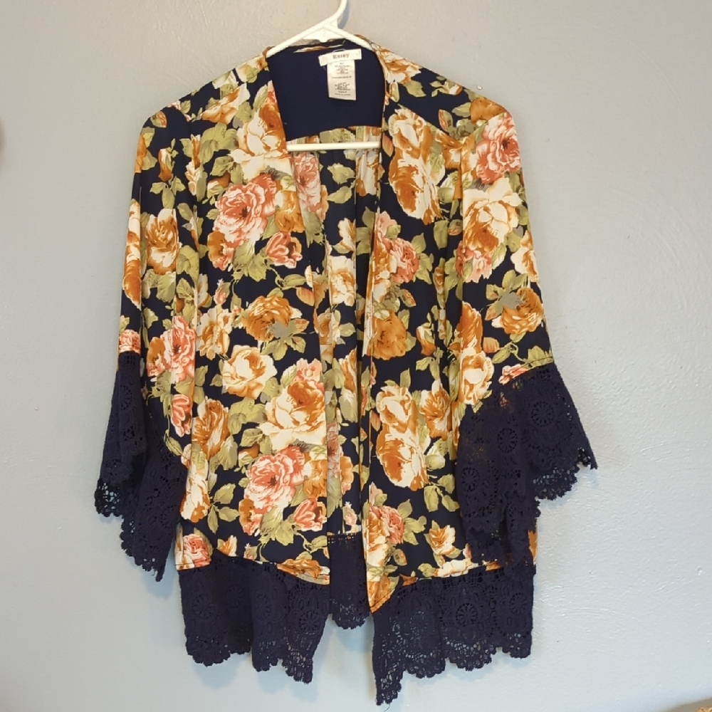 Esley Floral Open Front Kimono Cardigan with Navy Lace Accents Cottage Core Vibe